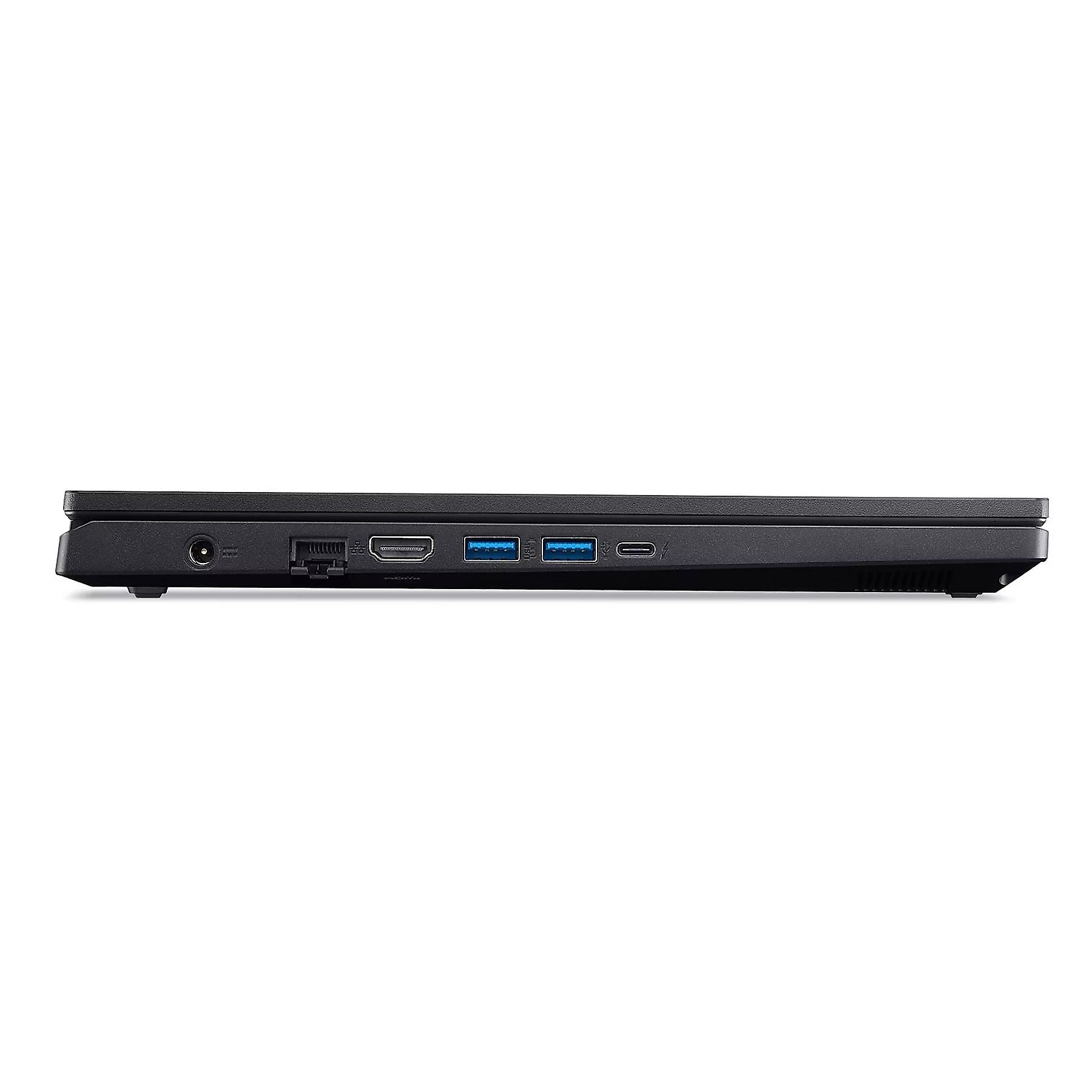 Vista laterale di un laptop nero che mostra le porte: alimentazione, ethernet, HDMI, 2x USB-A, USB-C.