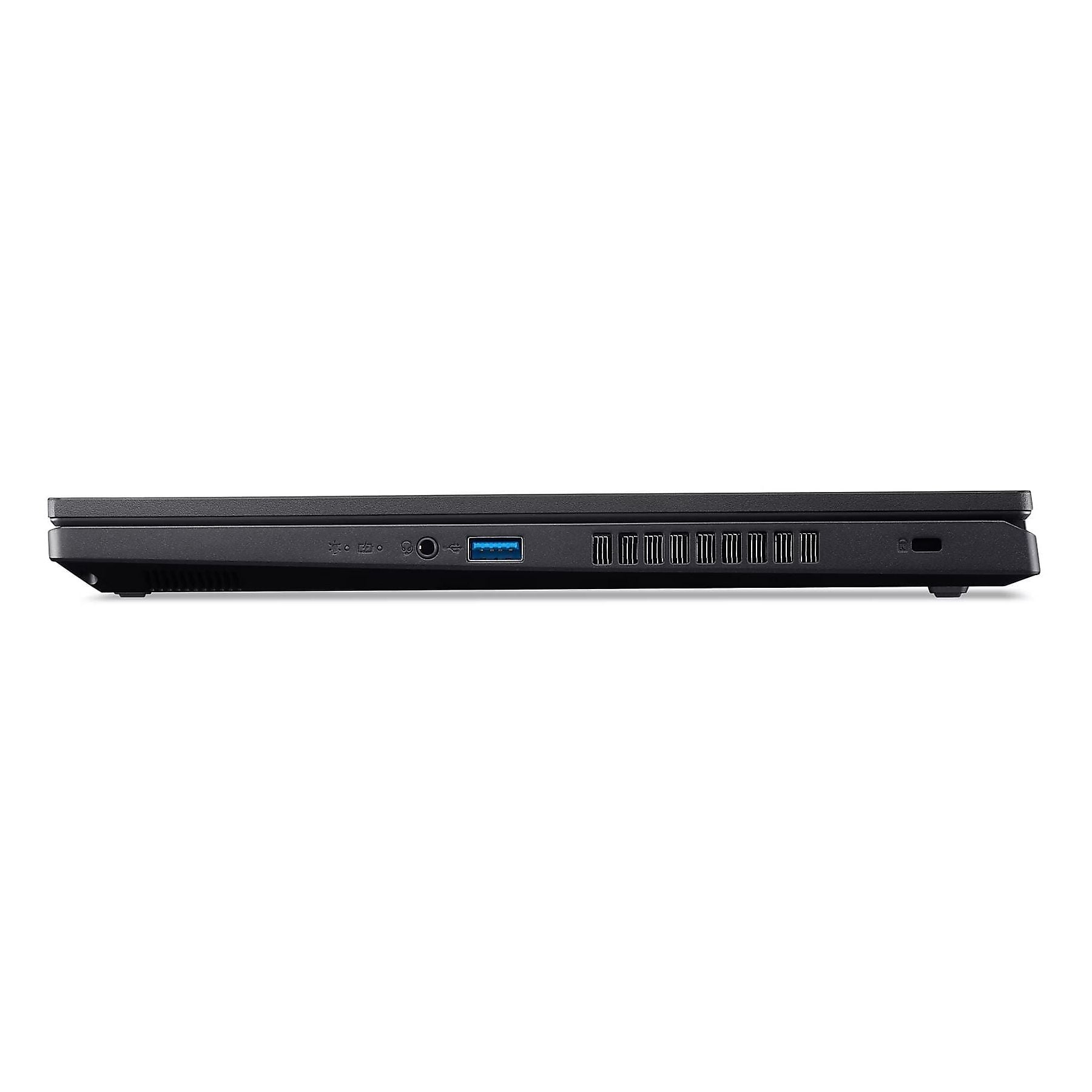 Lato di un laptop nero con porte USB, audio e griglie di ventilazione.