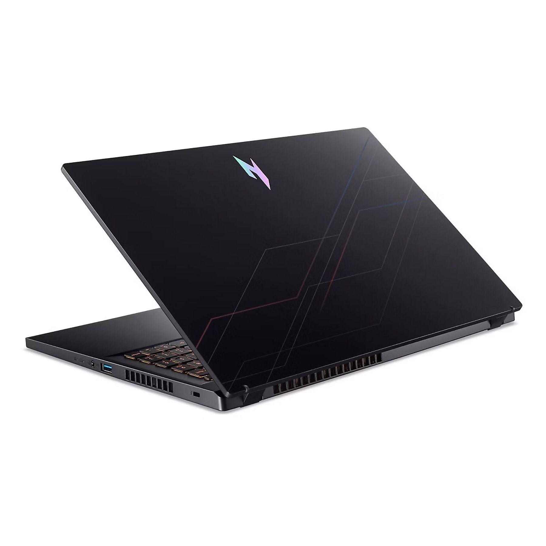 Laptop nero con tastiera illuminata, aperto su sfondo bianco.
