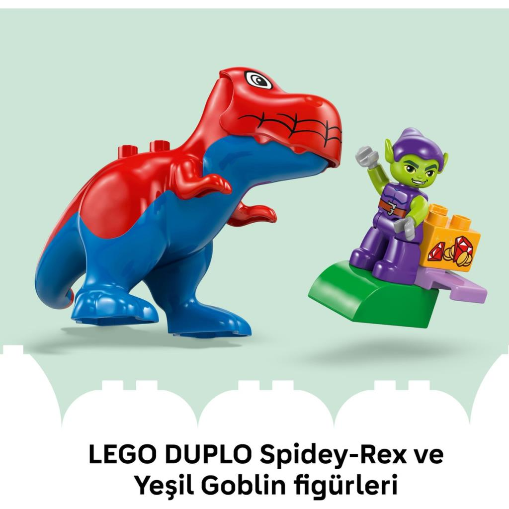 Czerwony i niebieski dinozaur Spidey-Rex Lego Duplo obok zielonego goblina na lotni.