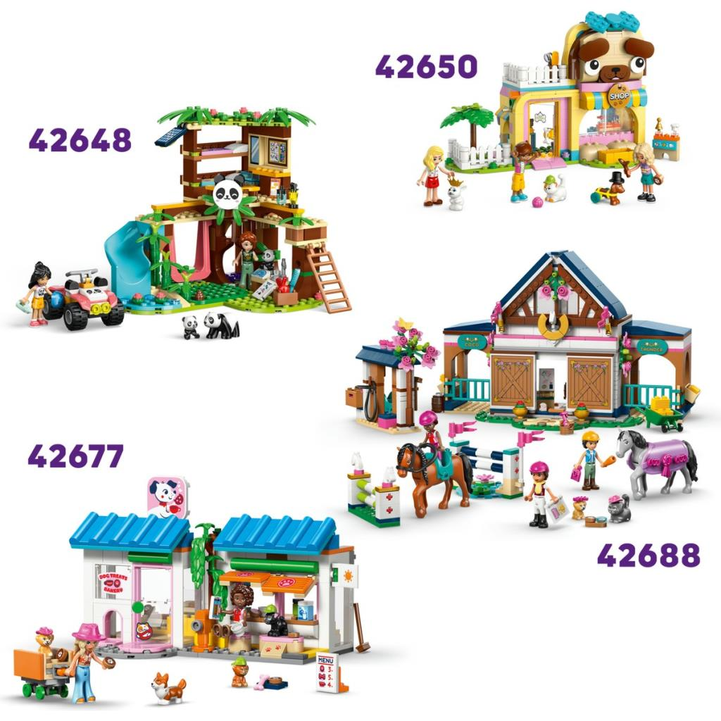 Dört LEGO Friends seti: bir panda ağaç evi, köpek temalı bir evcil hayvan dükkanı, bir at ahırı ve bir evcil hayvan fırını.