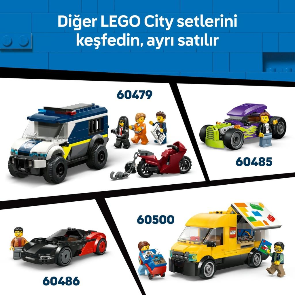 LEGO City araçları: polis arabası, motosiklet, yarış arabası, karavan.