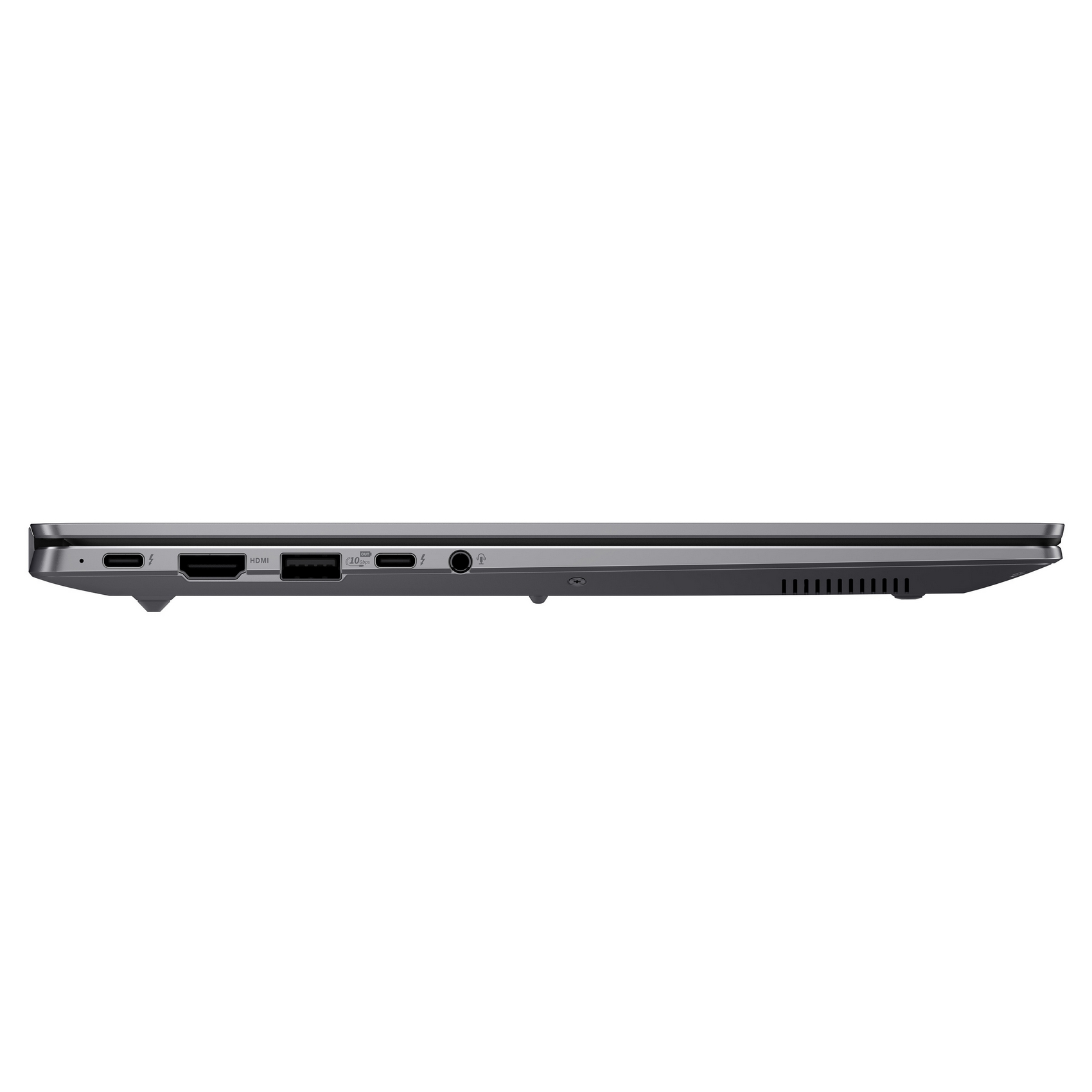 Profilo laptop grigio con porte: USB-C, HDMI, USB-A, jack audio da 3,5 mm.
