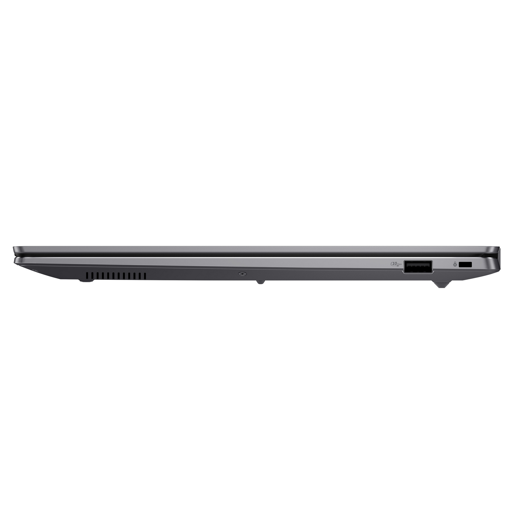 Laptop grigio chiuso, vista laterale con prese d'aria e porta USB.