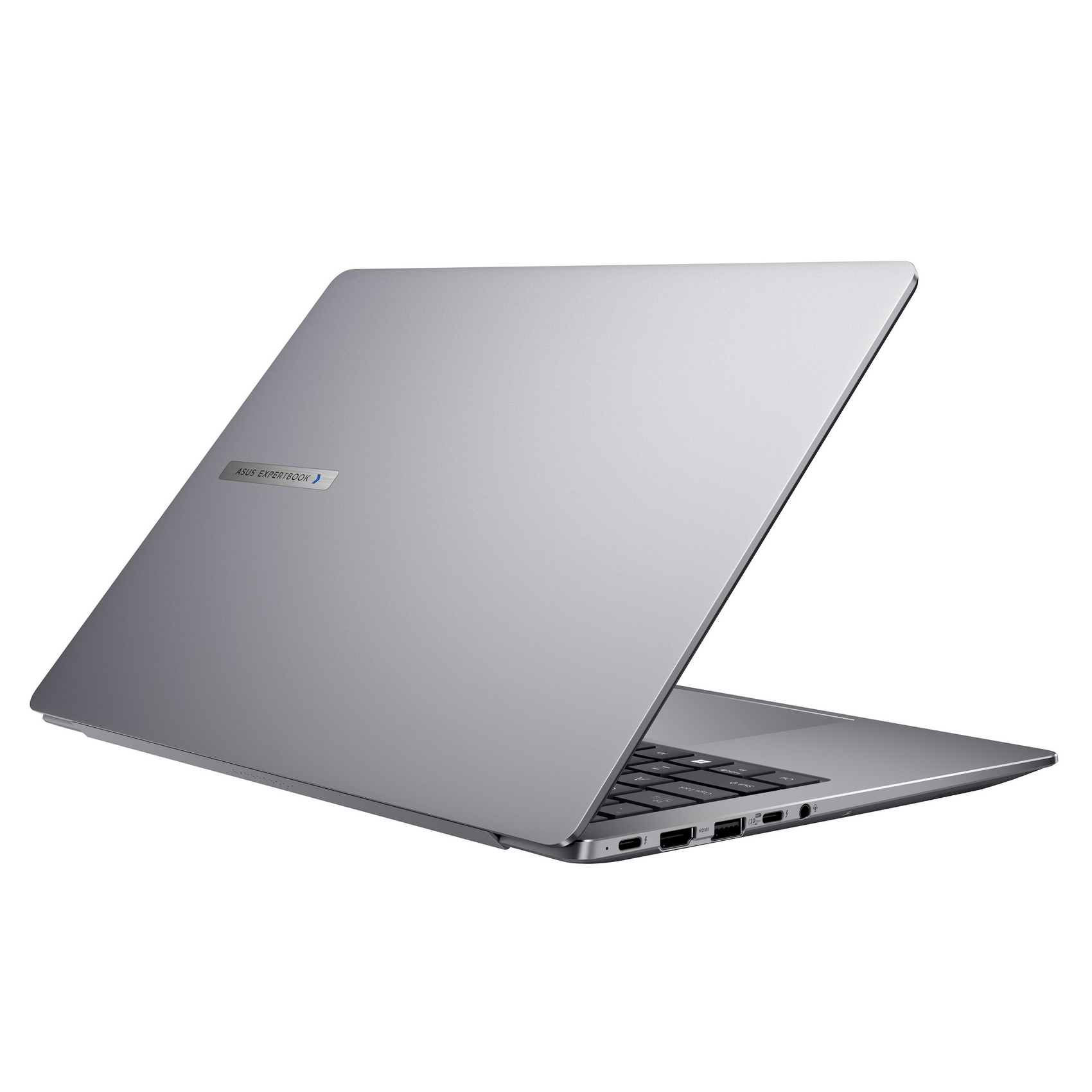 Un laptop Asus ExpertBook argentato con coperchio aperto su sfondo bianco.