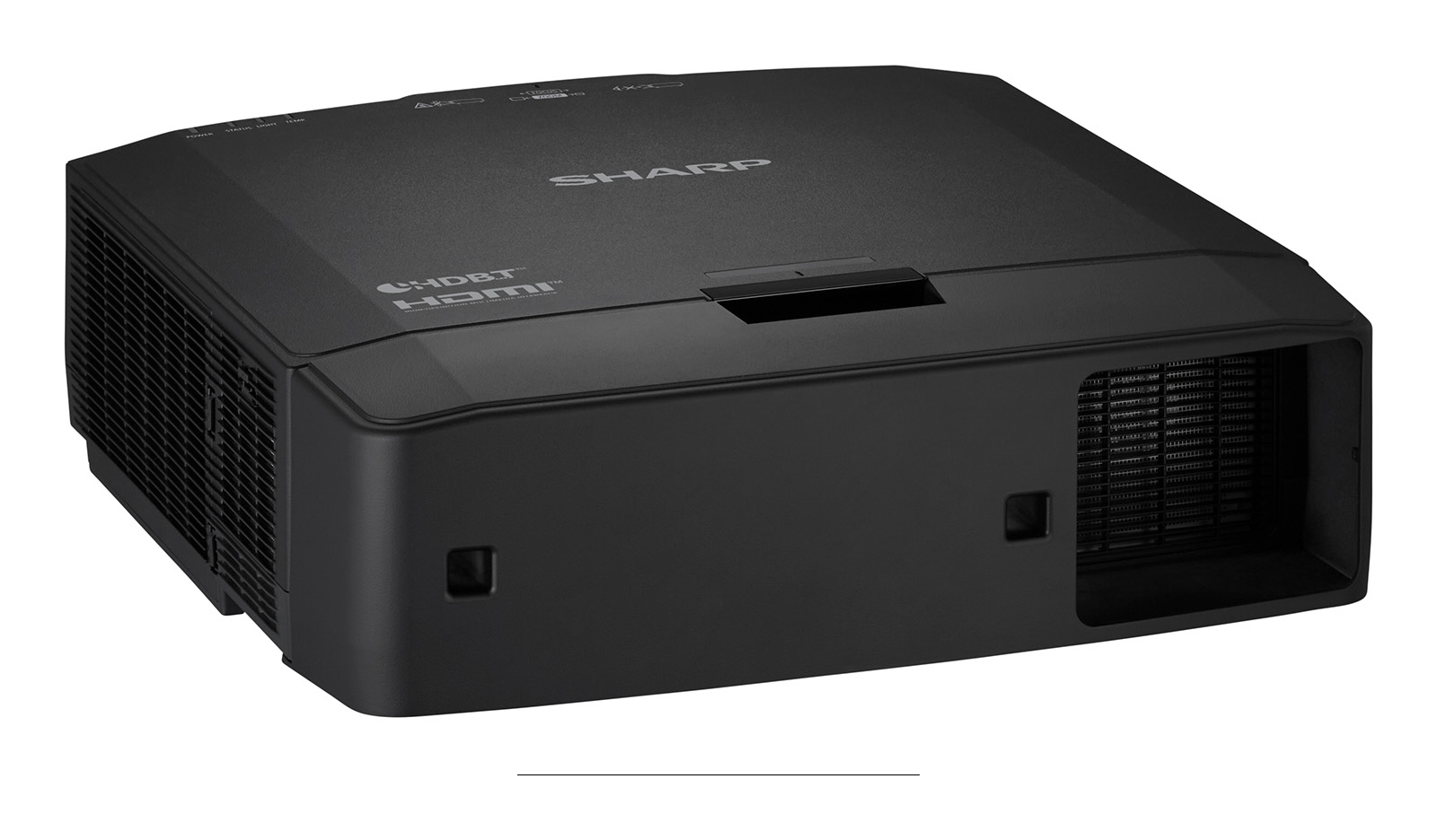 Schwarzer Sharp Beamer mit HDMI und HDBT, Lüftungsschlitzen und Tasten.