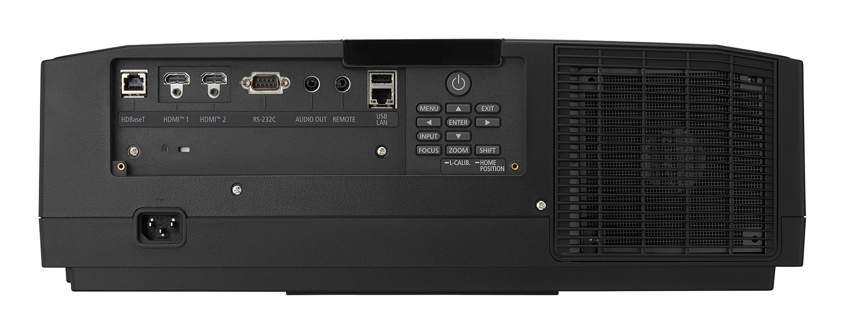 Rückseite eines schwarzen Projektors mit Anschlüssen wie HDBaseT, HDMI, USB und Bedienelementen.