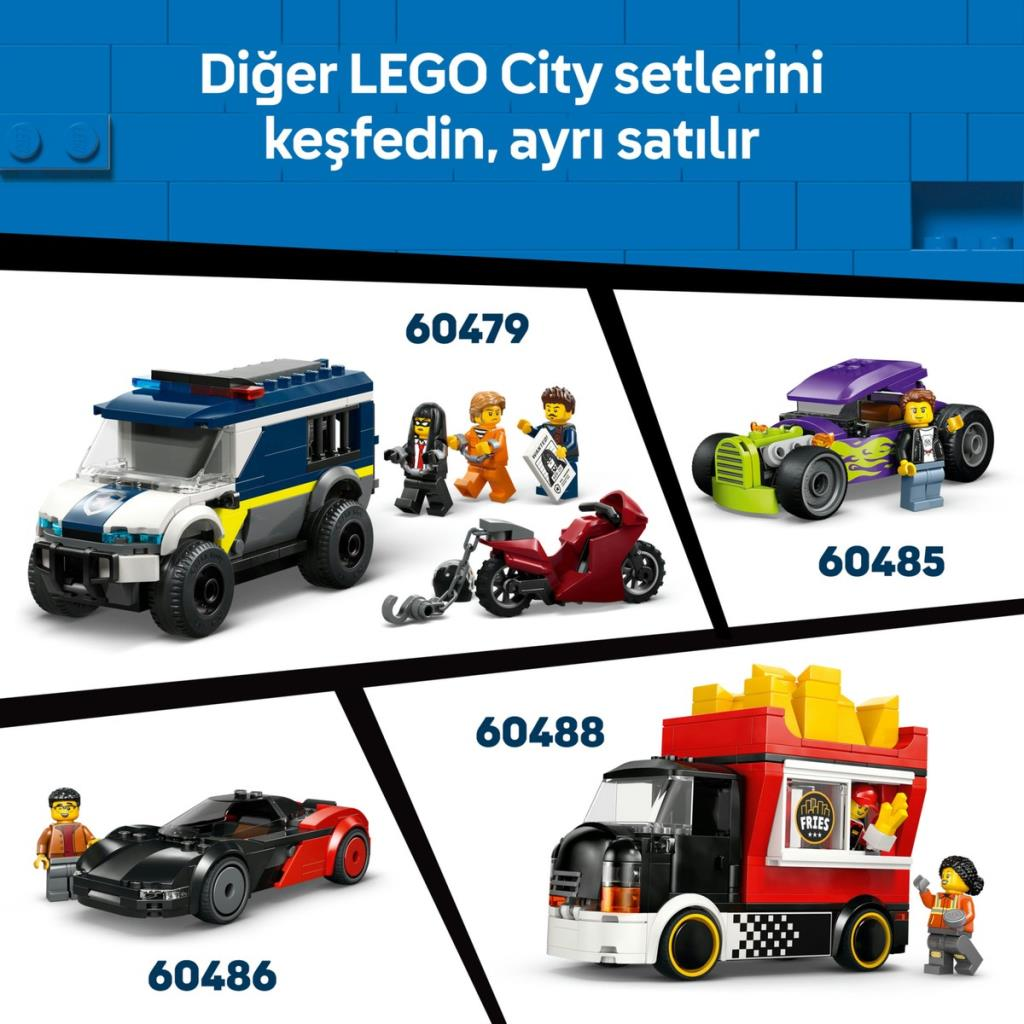 LEGO City Setleri: Polis aracı, motosiklet, yarış arabası, yiyecek kamyonu.