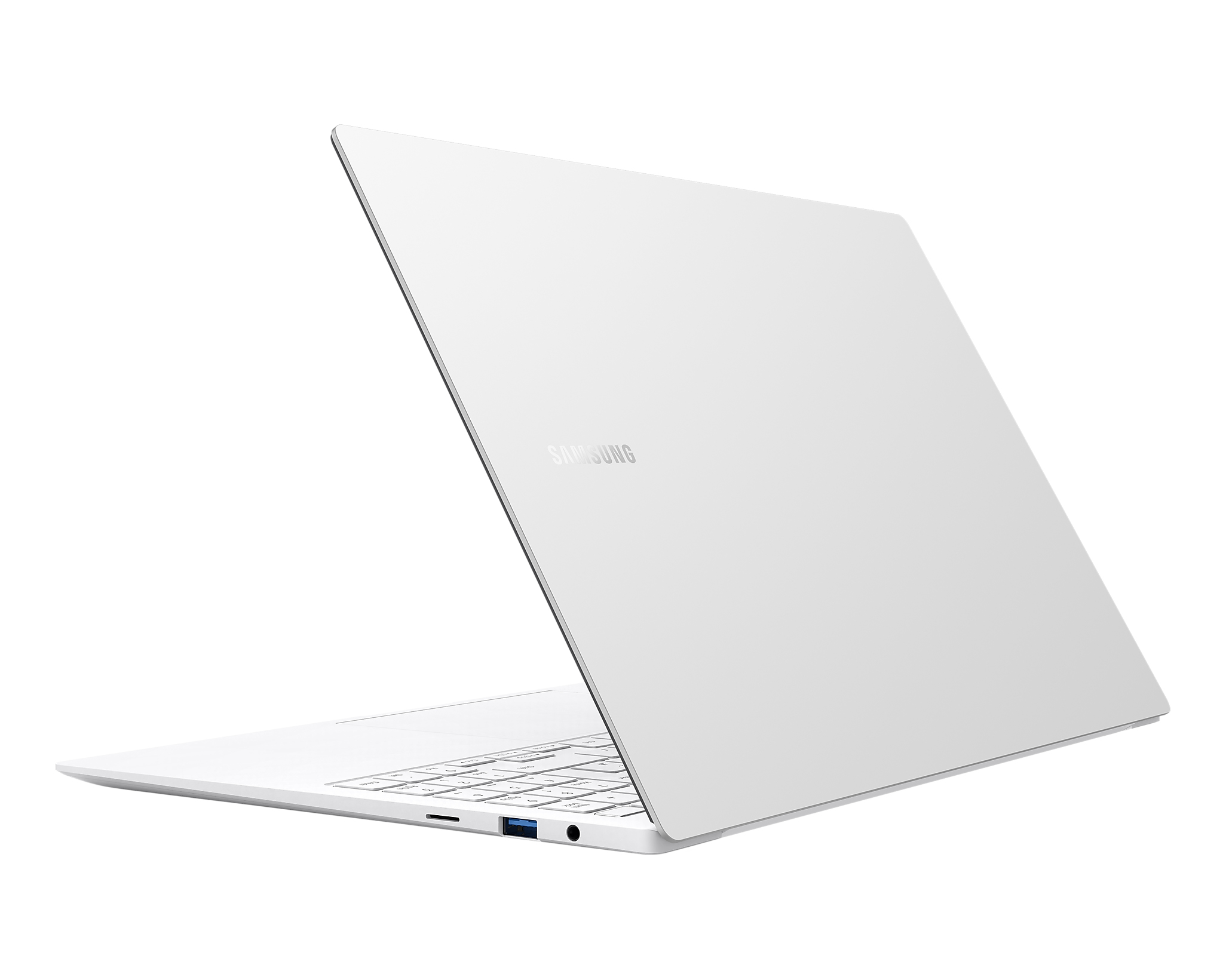 Un laptop Samsung bianco è aperto su sfondo bianco.