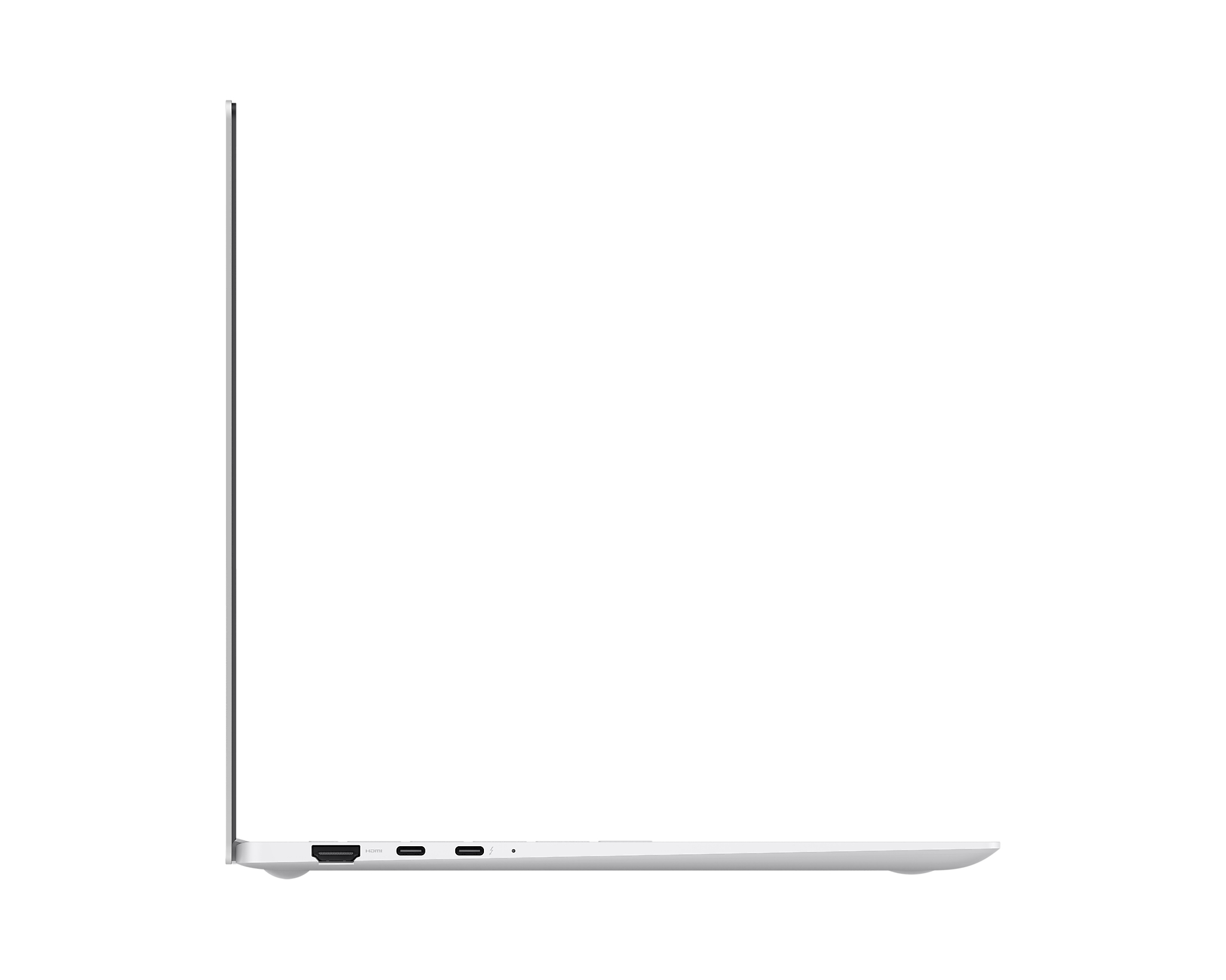 Profilo di laptop bianco con porte HDMI e USB-C sul lato destro.