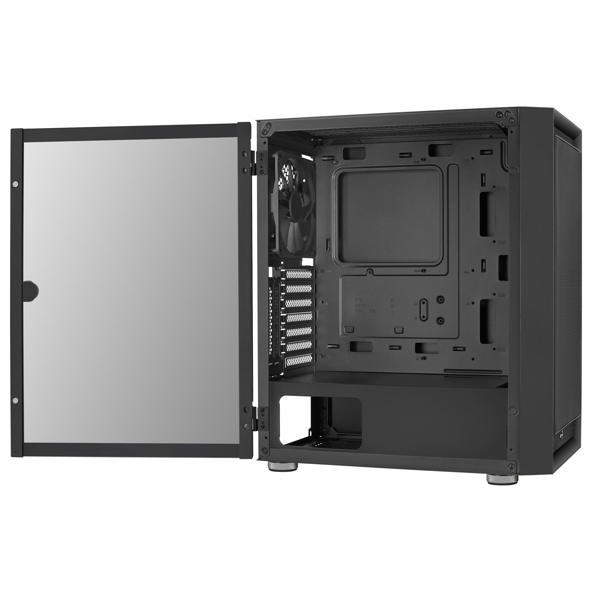 Ein schwarzes Computergehäuse mit geöffneter Glastür, Lüfter und Montagepunkten.
