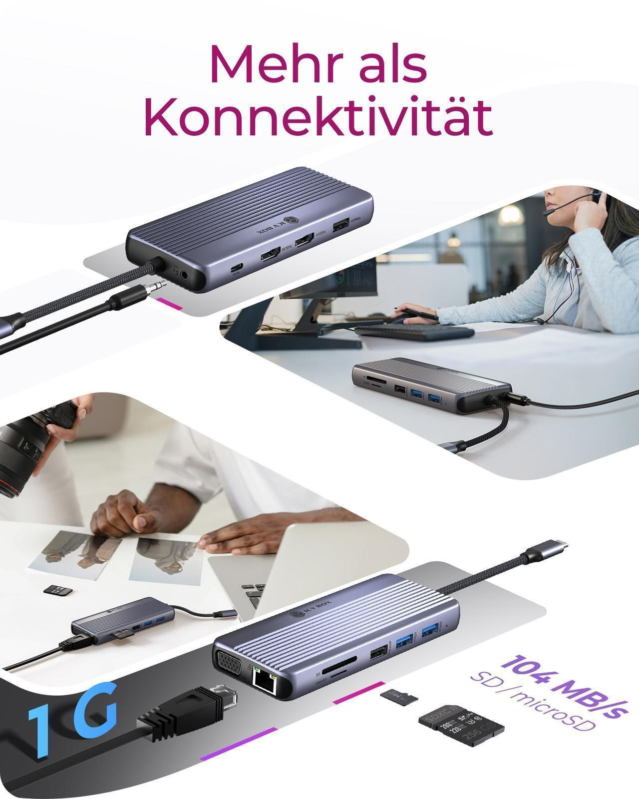 Graue USB-C-Hubs mit Anschlüssen, SD-Karten und Kabeln, neben Text.
