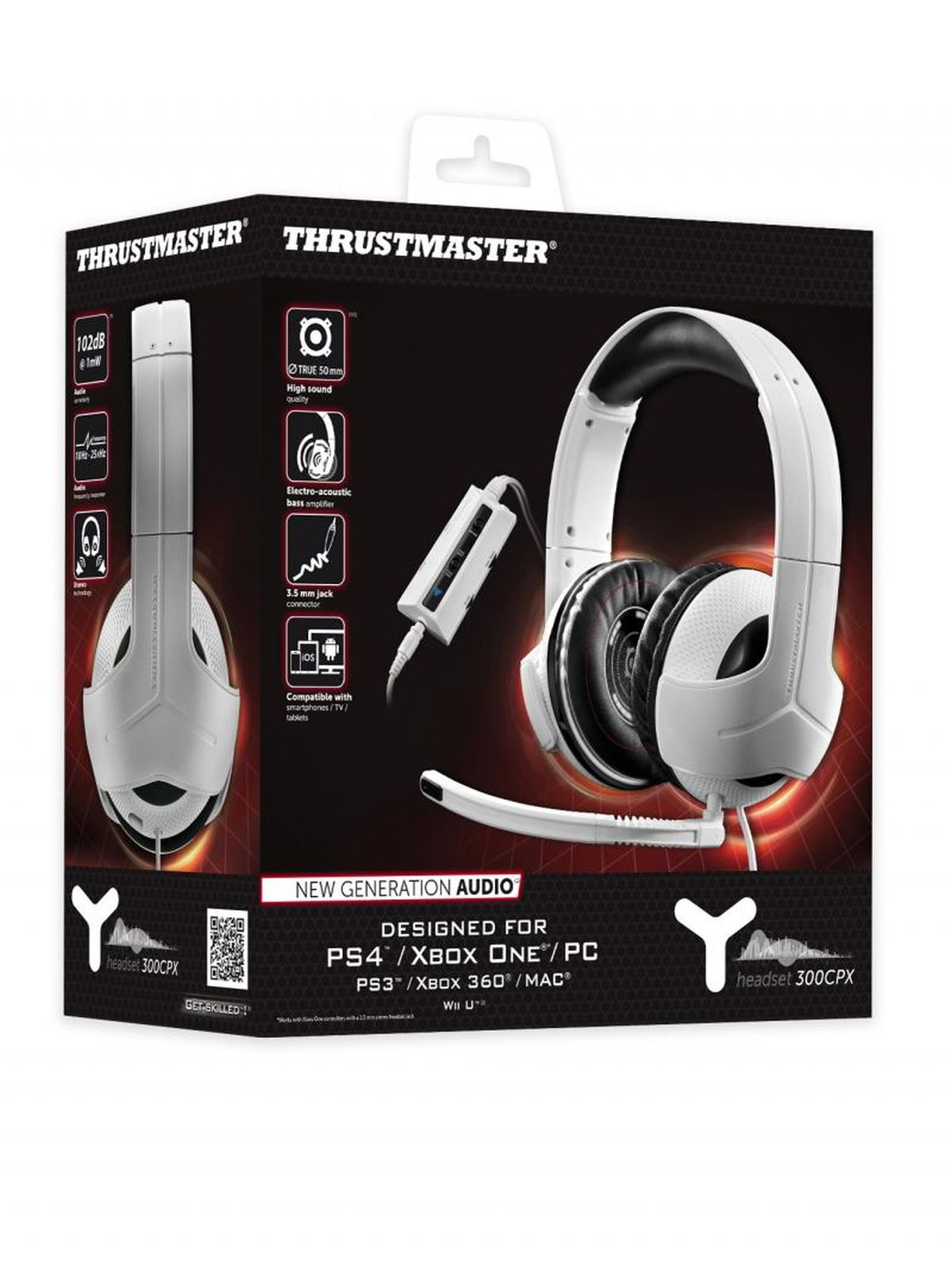 Verpackung für ein weißes Thrustmaster Headset 300CPX mit Mikrofon.