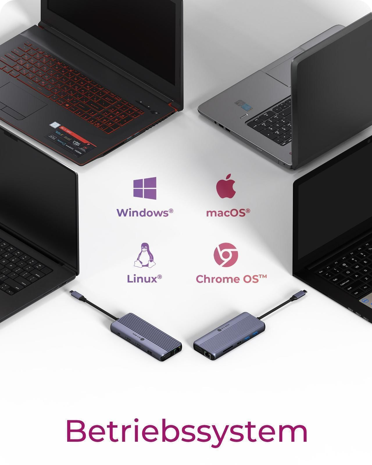 Vier Laptops umgeben Logos von Betriebssystemen: Windows, macOS, Linux, Chrome OS.