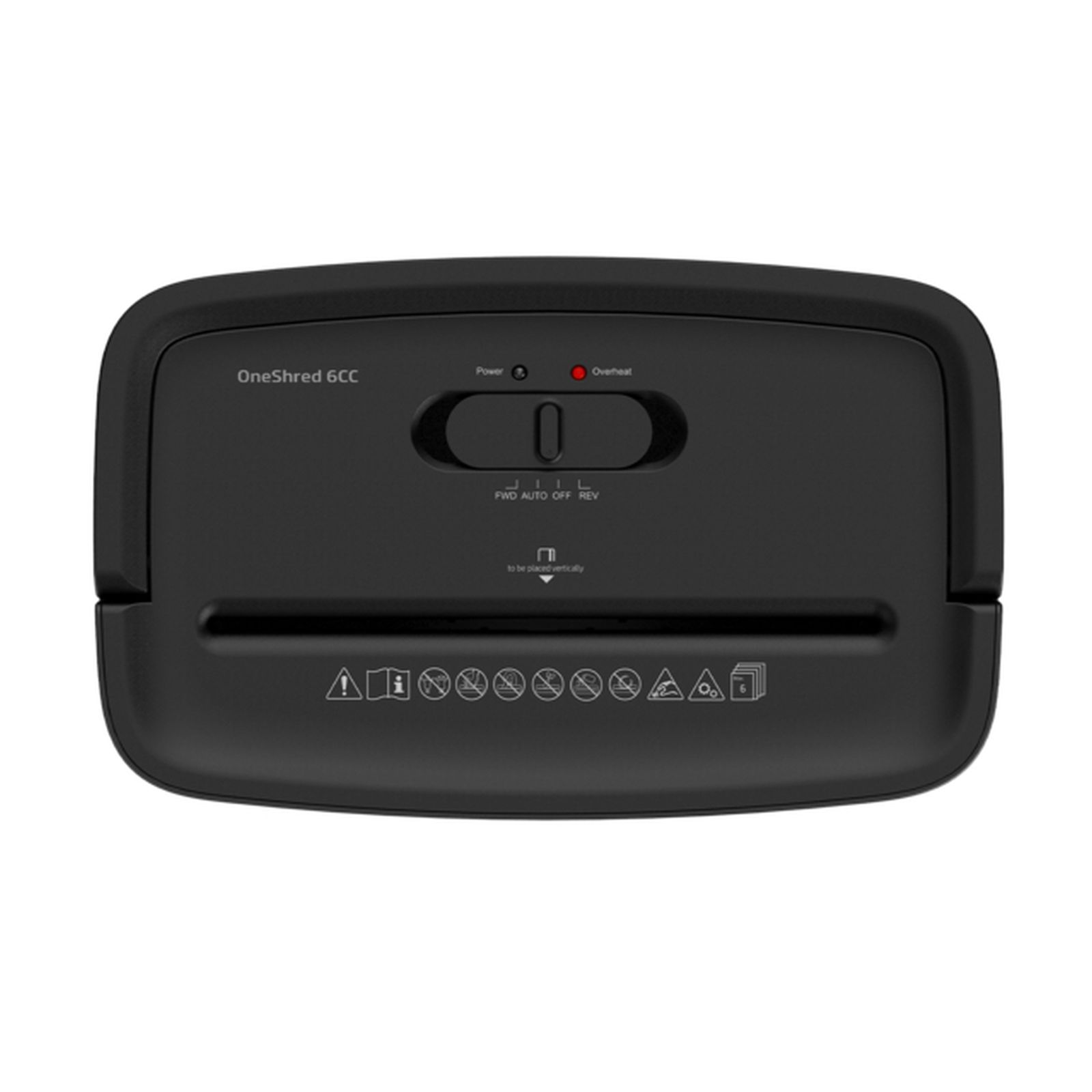 Distruggidocumenti nero OneShred 6CC con controlli e simboli.