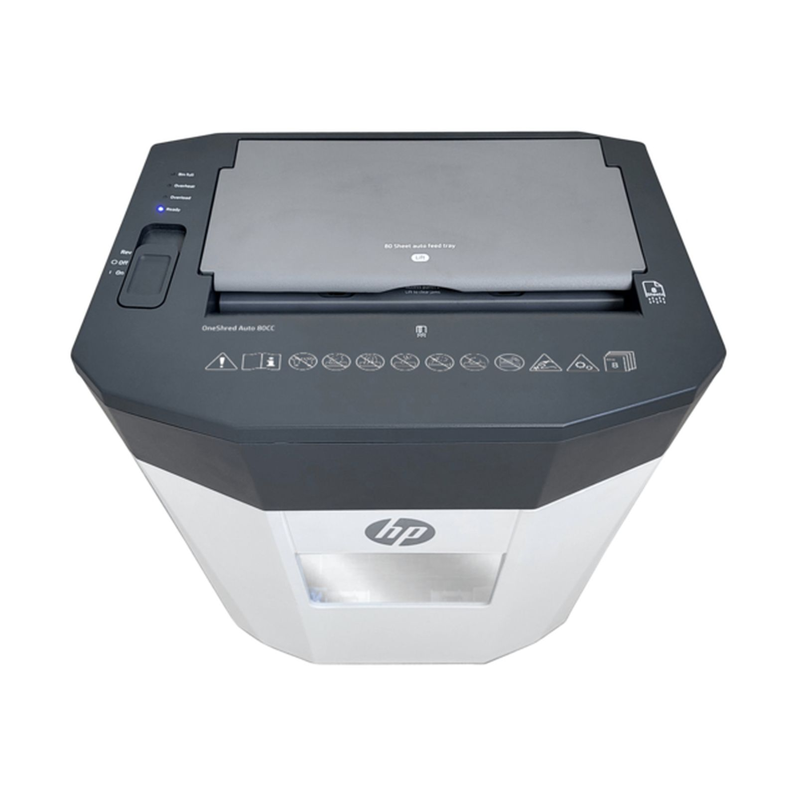 Un distruggidocumenti HP con vassoio auto-feed e cesto trasparente.