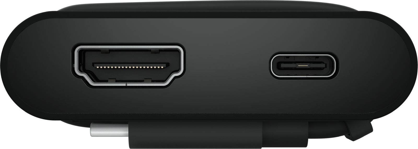 HDMI ve USB-C bağlantı noktasına sahip siyah bir cihaz. Kablolar bağlı.