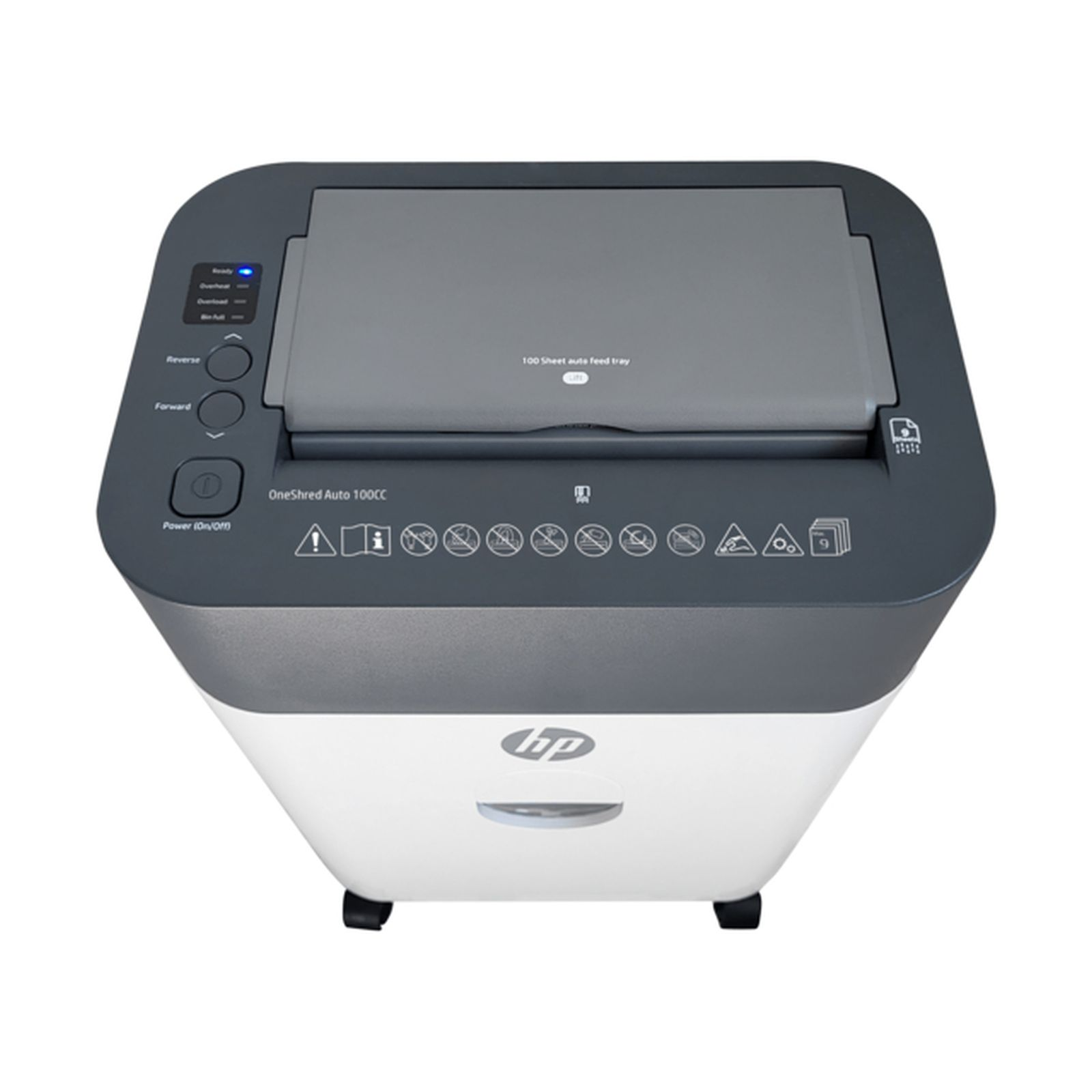 Un distruggi documenti HP con vassoio alimentazione automatica 100 fogli e pulsanti.