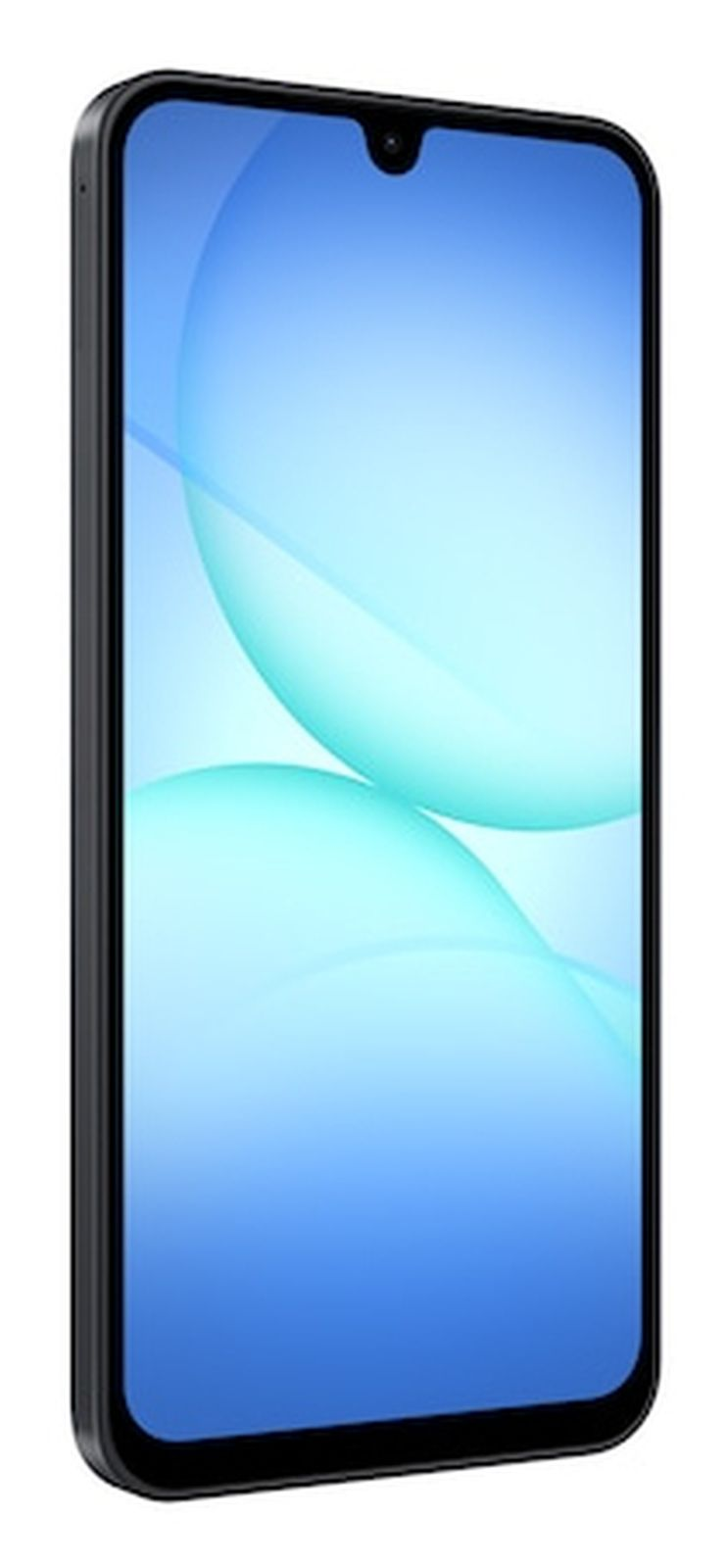 Smartphone nero con sfondo blu a forma di goccia.