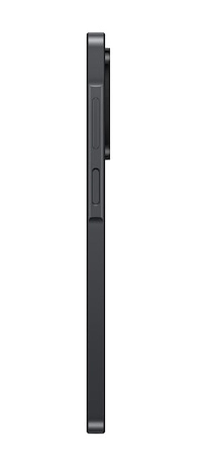 Smartphone grigio scuro di profilo con pulsanti sul lato.