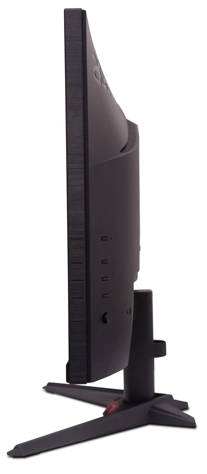 Monitor per computer nero di lato, con supporto e pulsanti di controllo.