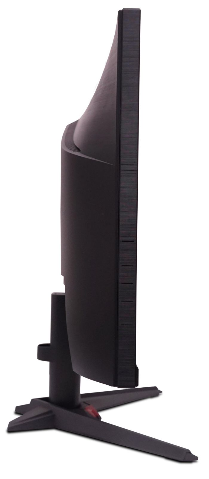 Vista laterale di un monitor nero con cornice sottile e supporto robusto.