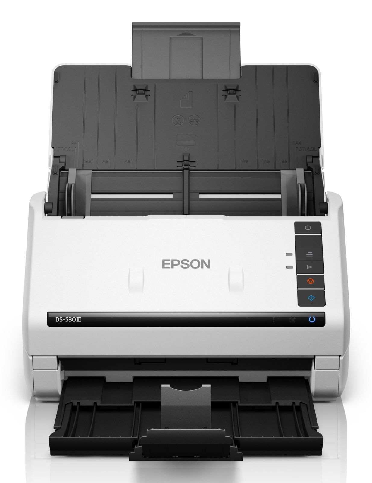 Uno scanner Epson DS-530III bianco con vassoio di alimentazione aperto e controlli.