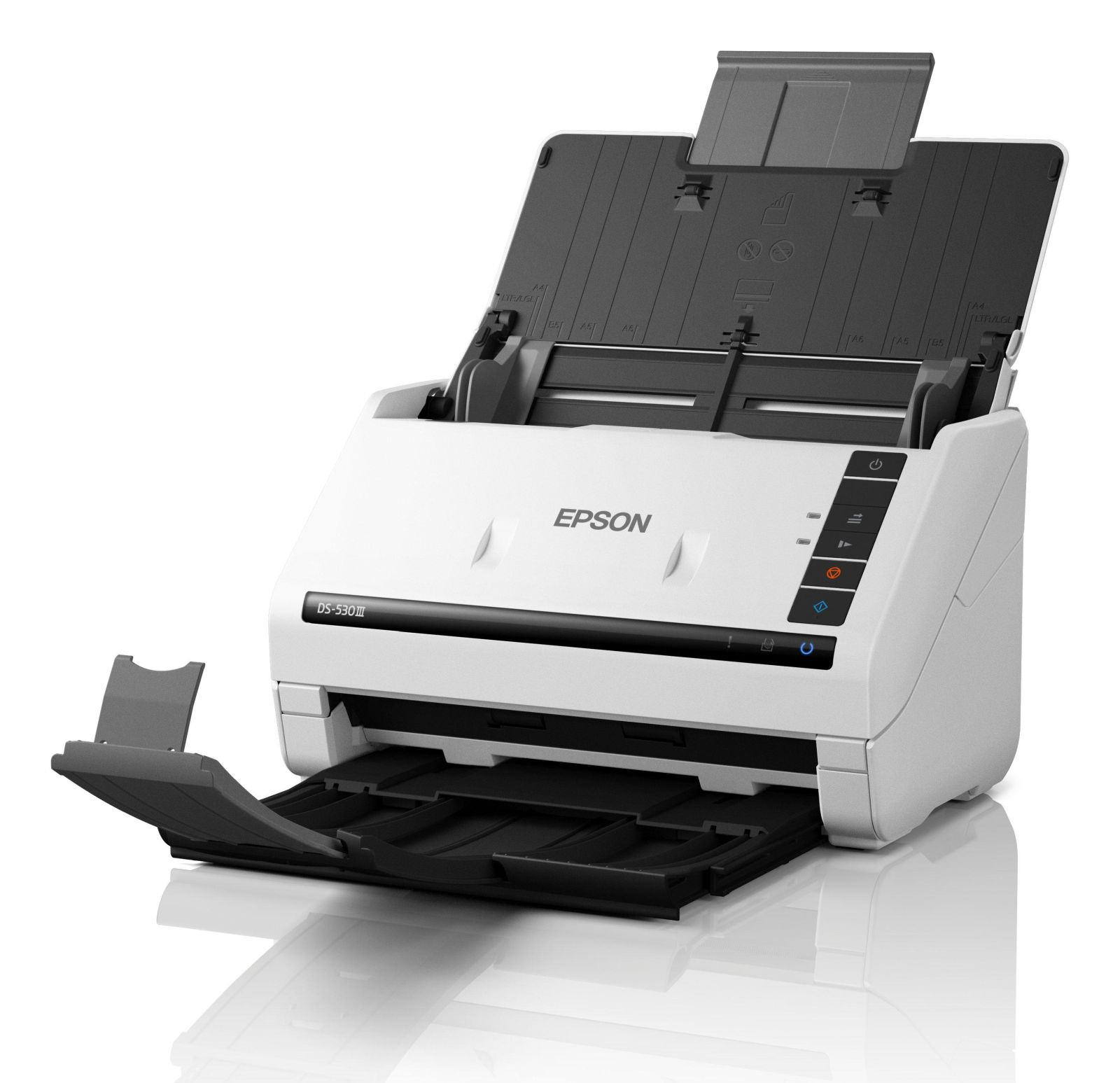 Uno scanner bianco Epson DS-530III con i vassoi di ingresso e uscita aperti.