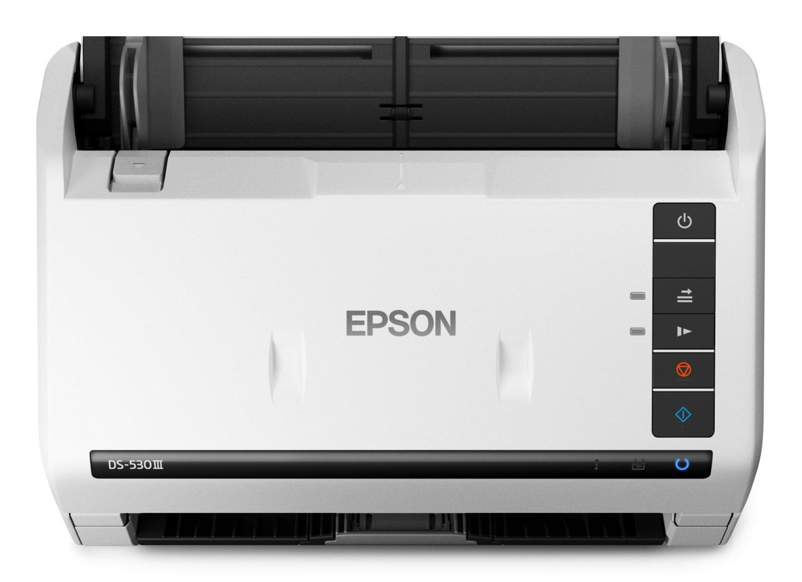 Uno scanner documenti Epson DS-530III bianco con pulsanti di controllo.