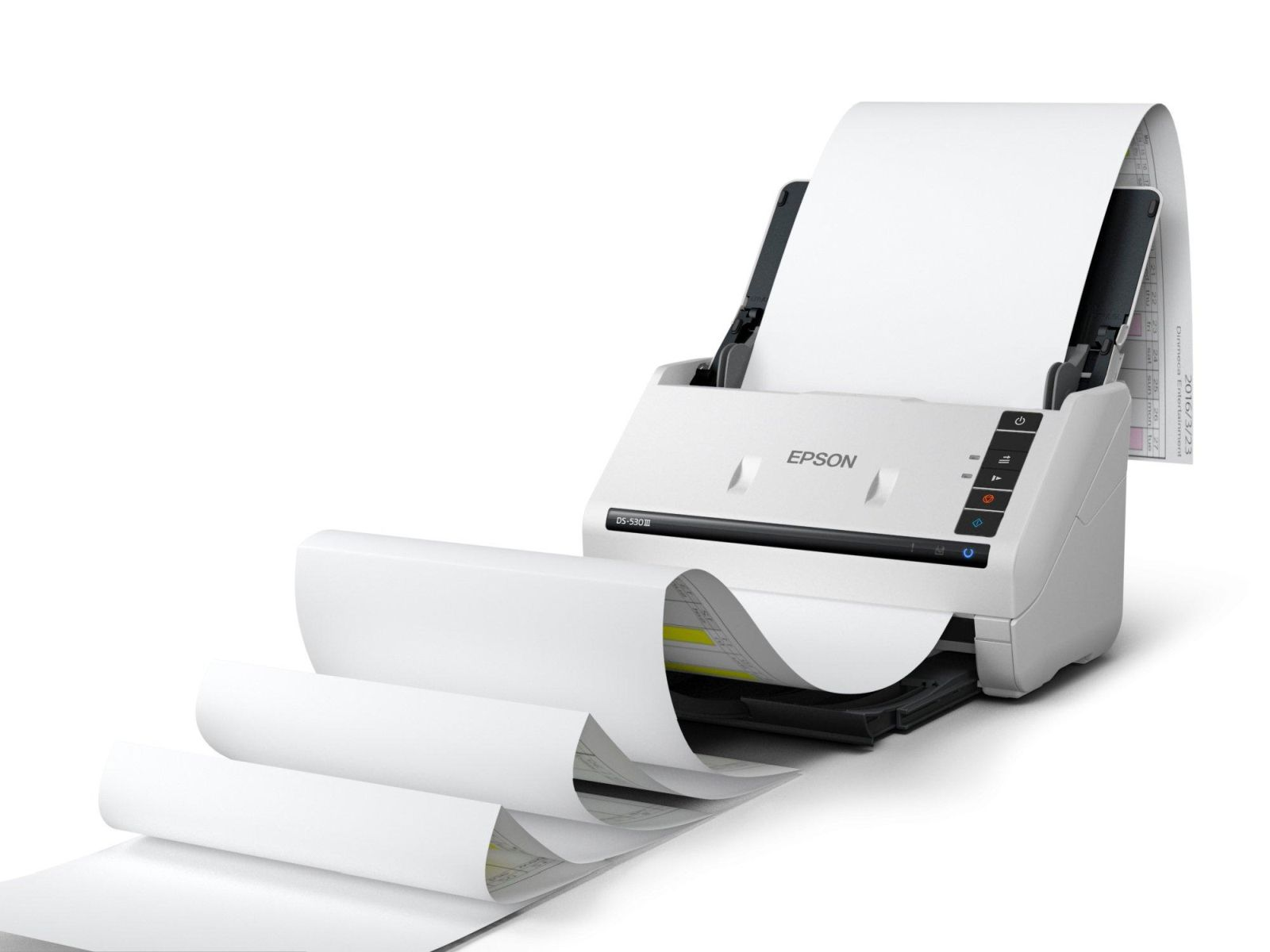 Uno scanner Epson bianco con una lunga uscita di carta che si estende da esso.