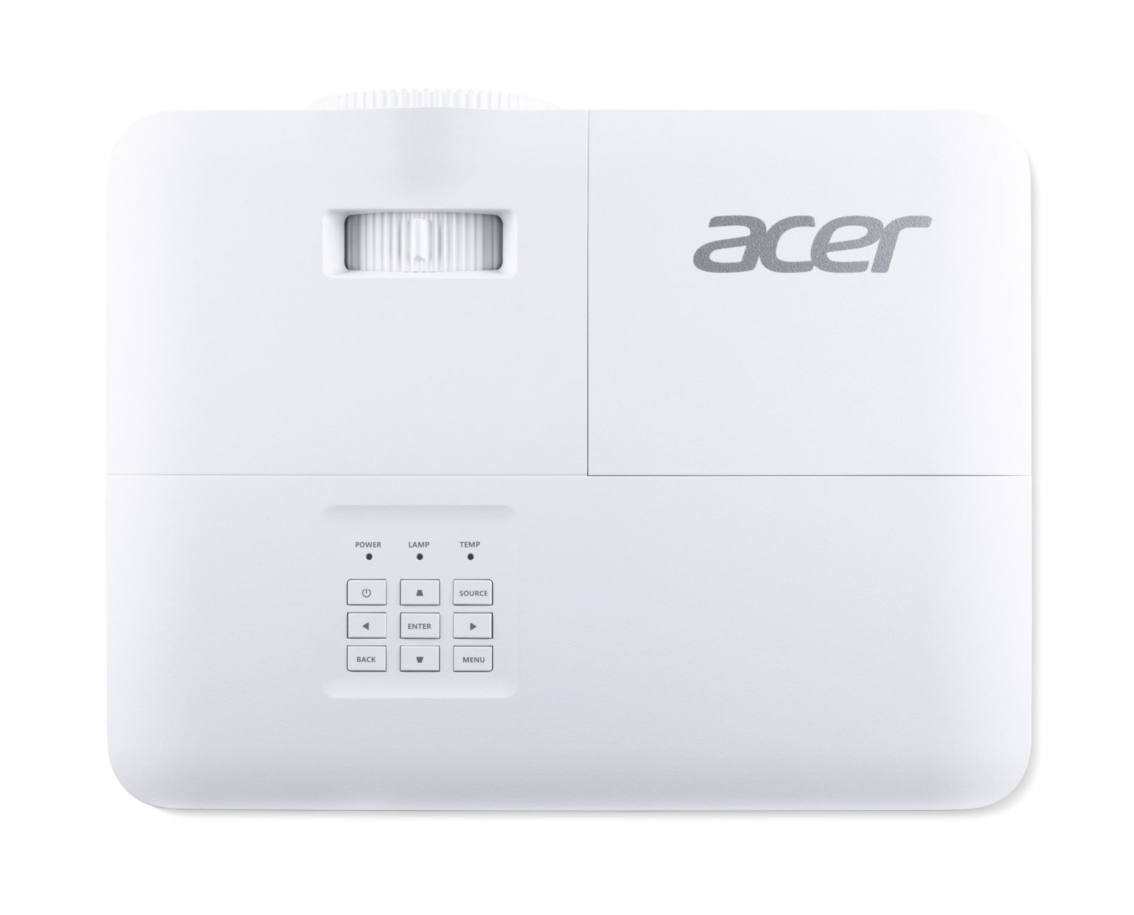 Biały projektor Acer z regulatorem obiektywu i panelem sterowania.