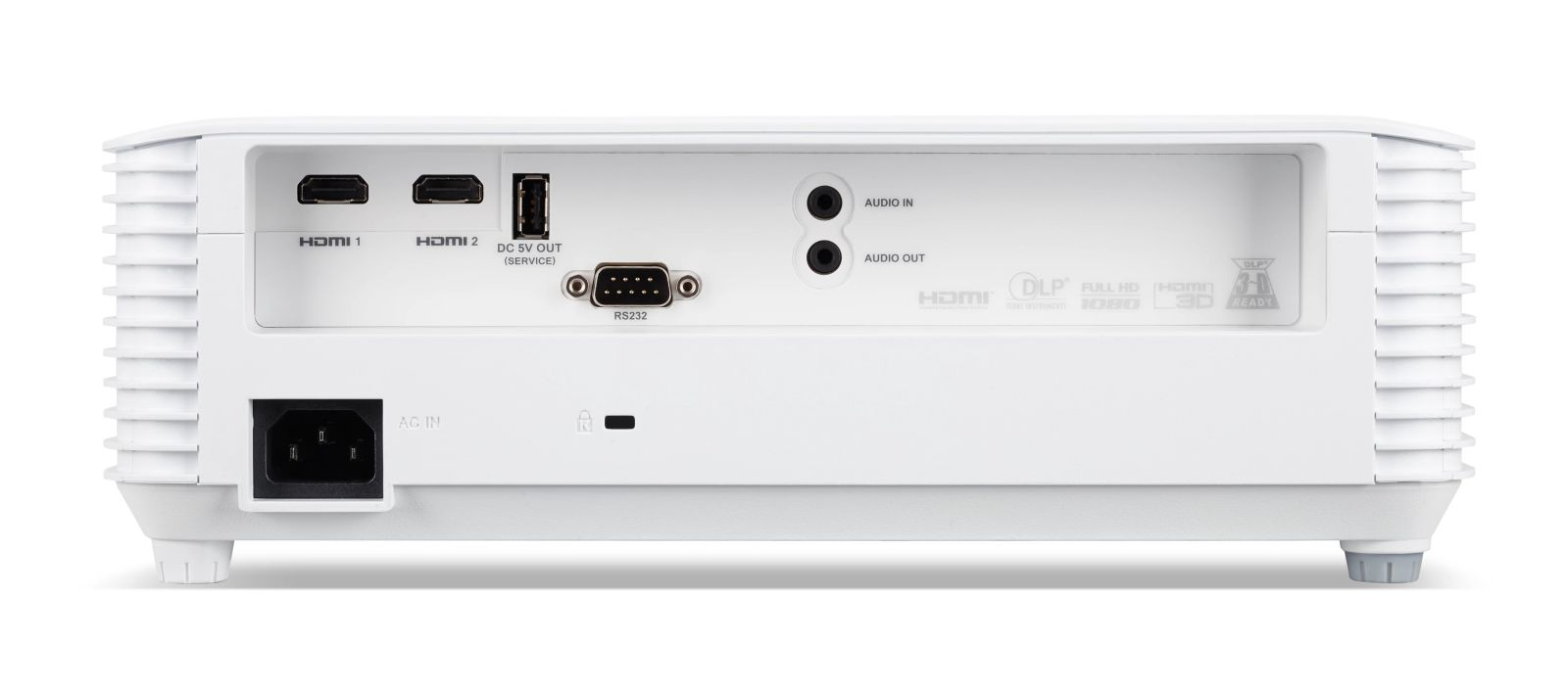 Tylny panel białego projektora z portami: HDMI 1, HDMI 2, DC 5V OUT, RS232, Audio In/Out, wejście AC.
