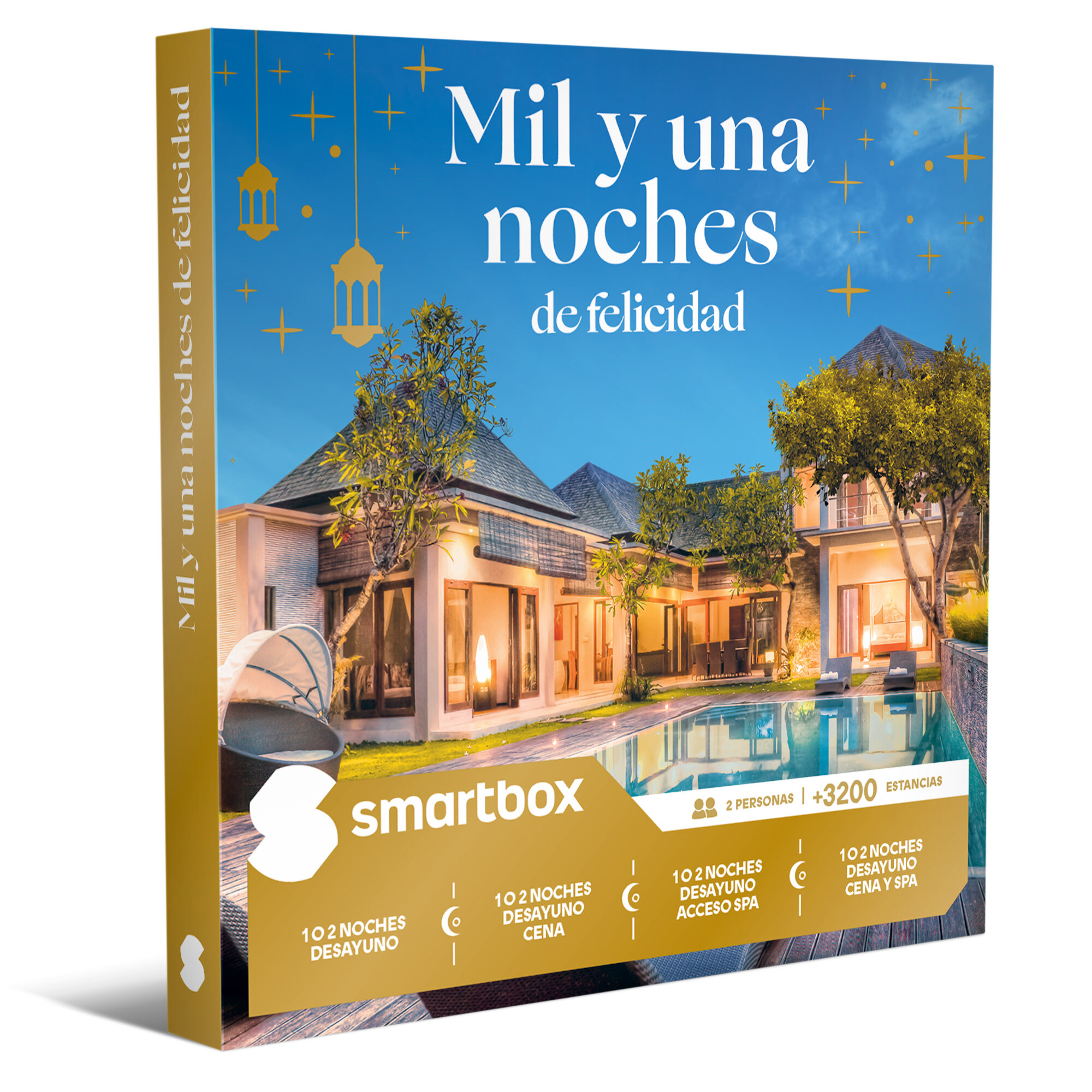 Villa de lujo con piscina, caja "Mil y una noches de felicidad", logo "smartbox".