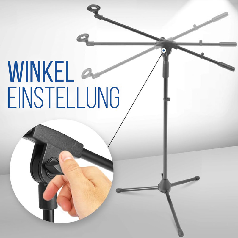Ein Mikrofonständer mit verstellbarem Arm und Hand, die ihn einstellt.