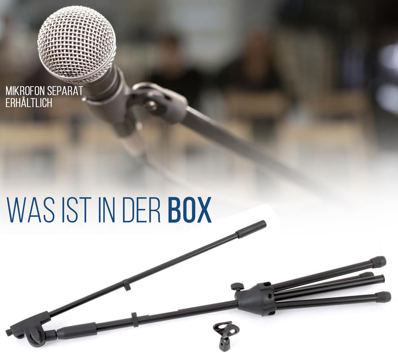 Ein Mikrofonständer und ein Mikrofon sind auf dem Bild zu sehen.