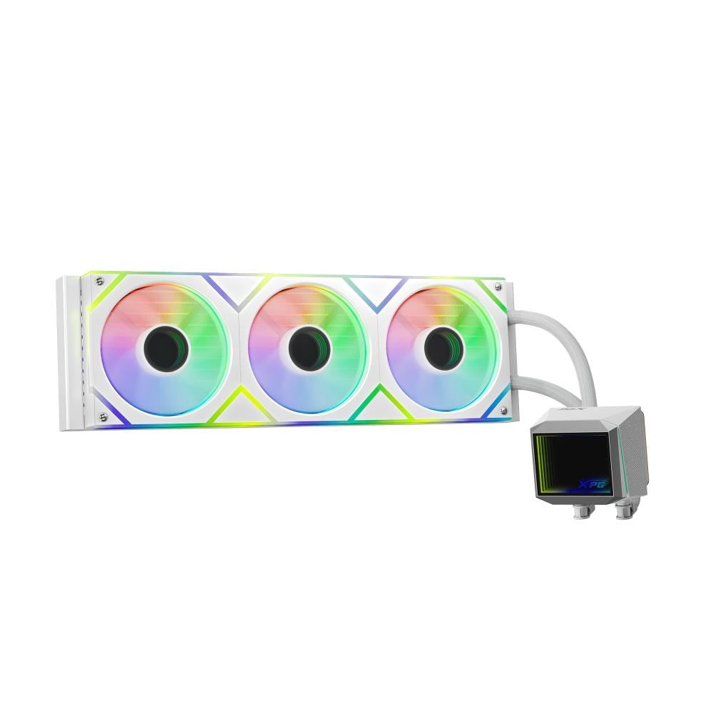 A white CPU cooler with three RGB fans and a rectangular pump housing.