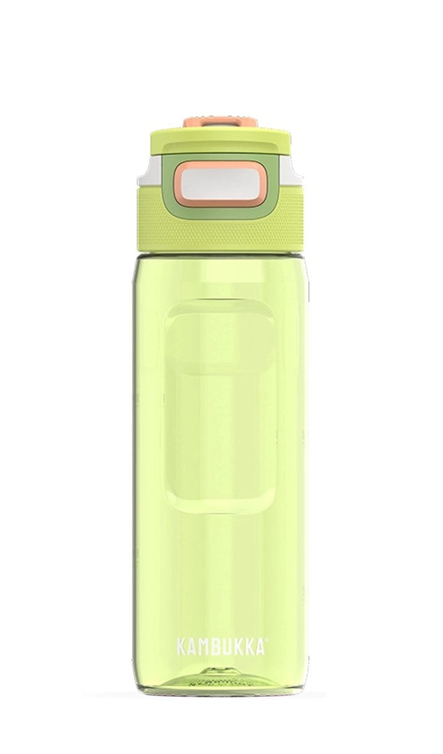 Eine hellgrüne Wasserflasche mit weißem und pfirsichfarbenem Deckel.