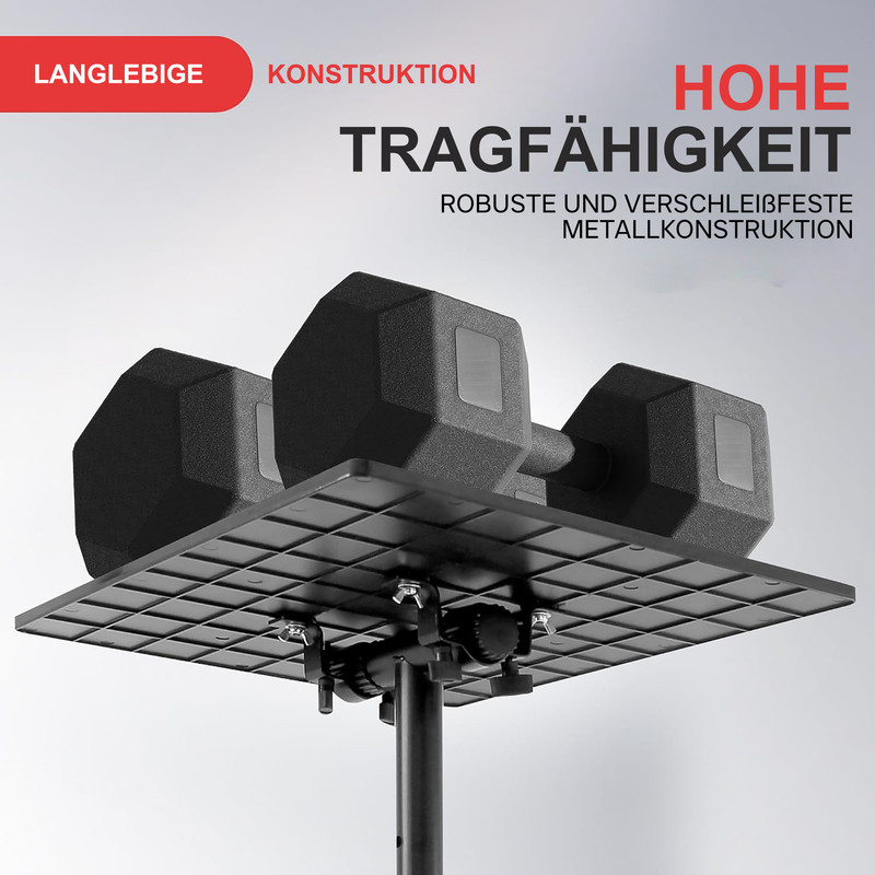 Schwarze Hanteln auf einer schwarzen Plattform, die an einem Stativ befestigt ist.