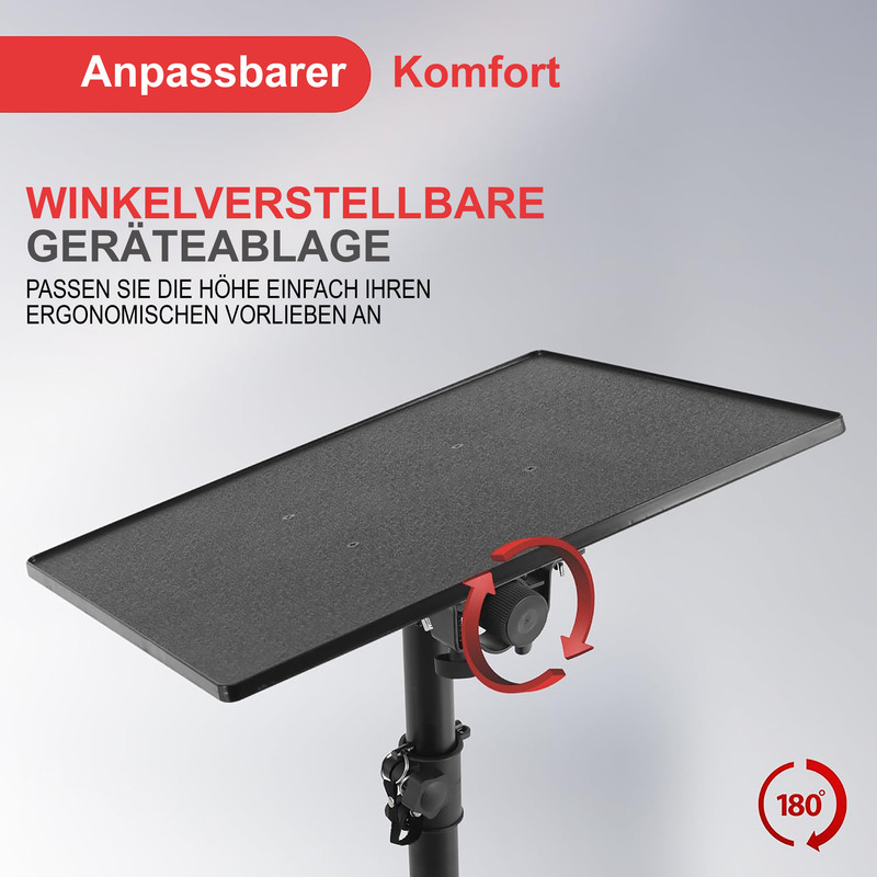 Schwarze, verstellbare Ablage auf Stativ mit roten Pfeilen, die Rotation anzeigen.