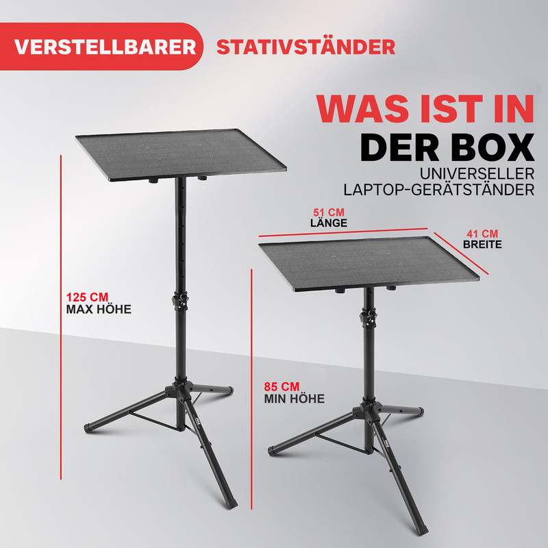 Zwei schwarze Laptopständer mit verstellbarer Höhe und Maßen.
