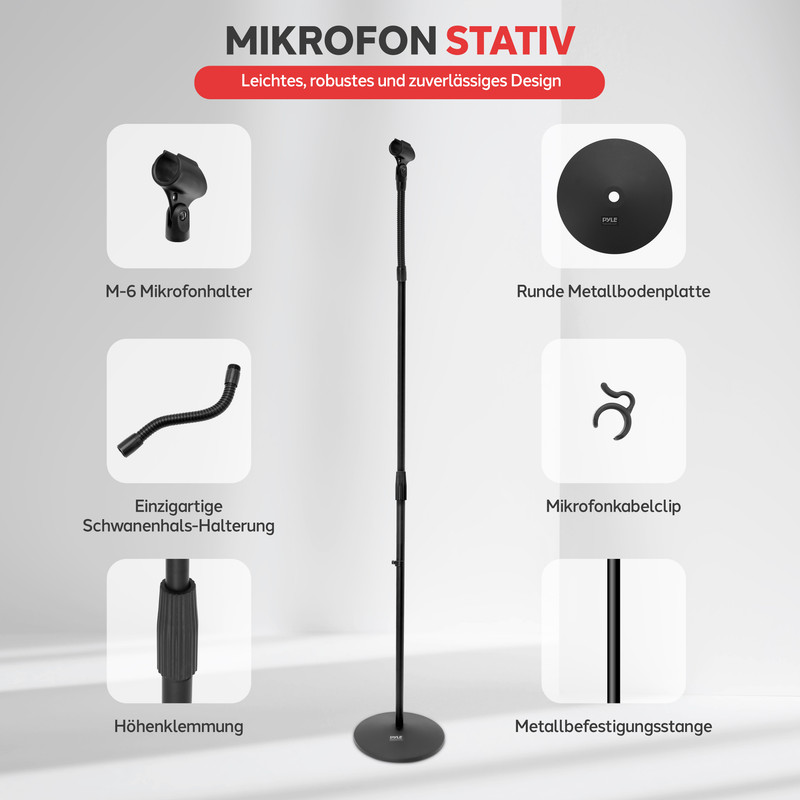 Ein Mikrofonstativ mit runder Metallbasis, Mikrofonhalter, Schwanenhals, Kabelclip und Höhenverstellung.