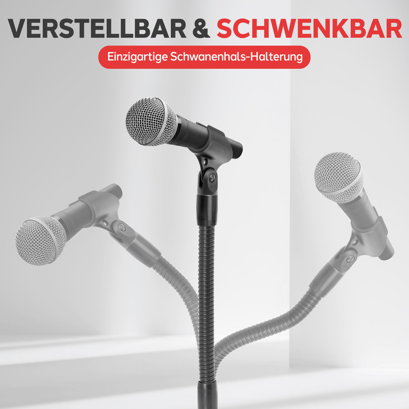 Ein schwarzes Mikrofon auf einem flexiblen Schwanenhalsständer.