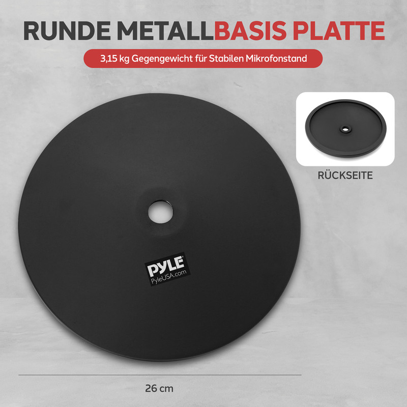 Schwarze runde Metallplatte mit PYLE Logo und 26cm Durchmesser.