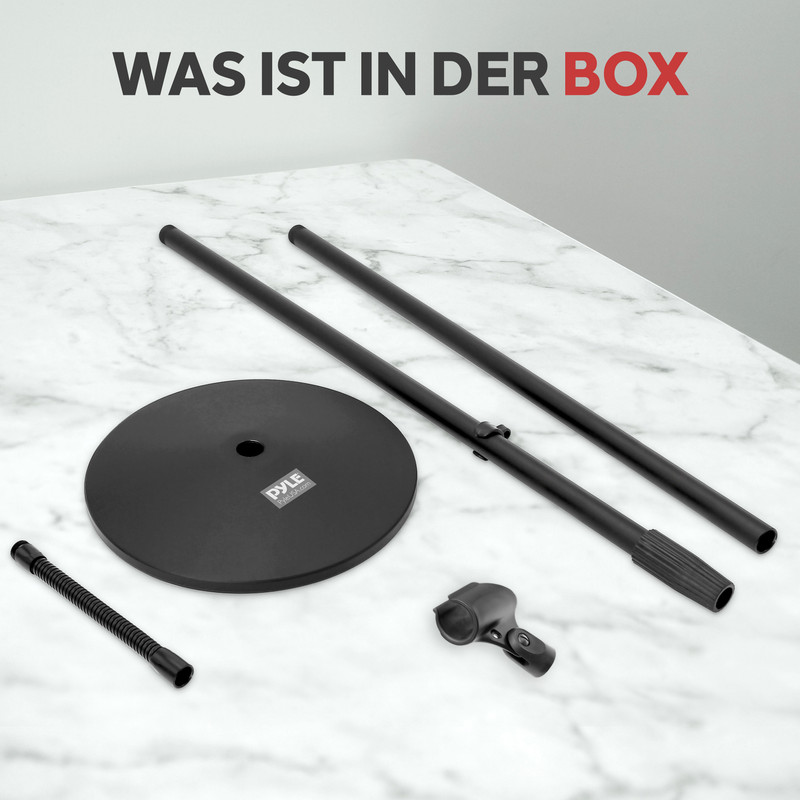 Mikrofonständerteile: Basis, Stangen, Klemme und Flexrohr.