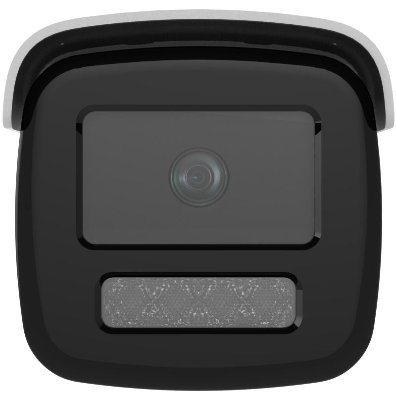 Cámara de seguridad blanca y negra con lente y LEDs IR.