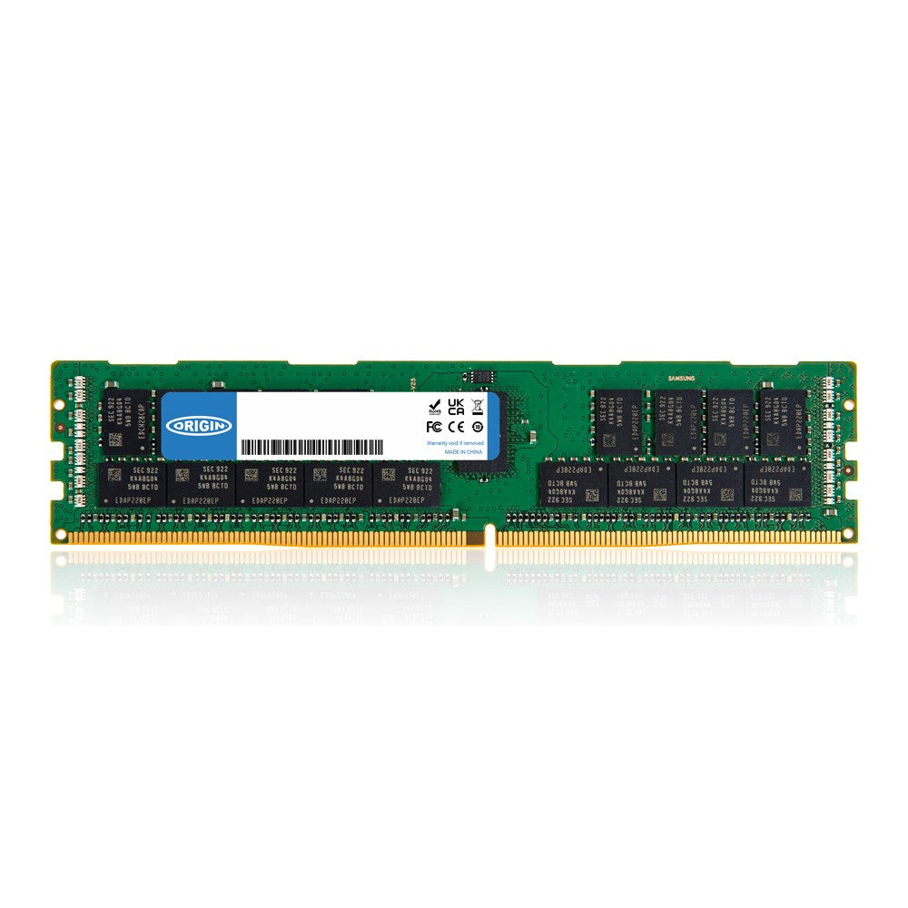 Un modulo RAM per computer verde con contatti argentati e adesivi blu.