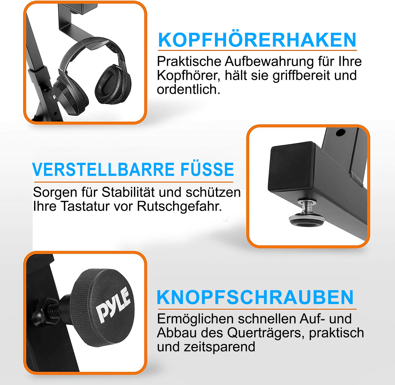 Kopfhörerhaken, verstellbare Füße und Knopfschrauben an einem Ständer.