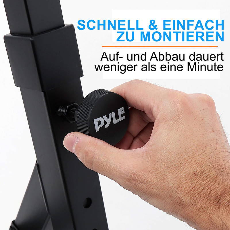 Eine Hand dreht einen schwarzen Pyle-Knopf an einem schwarzen Metallständer.