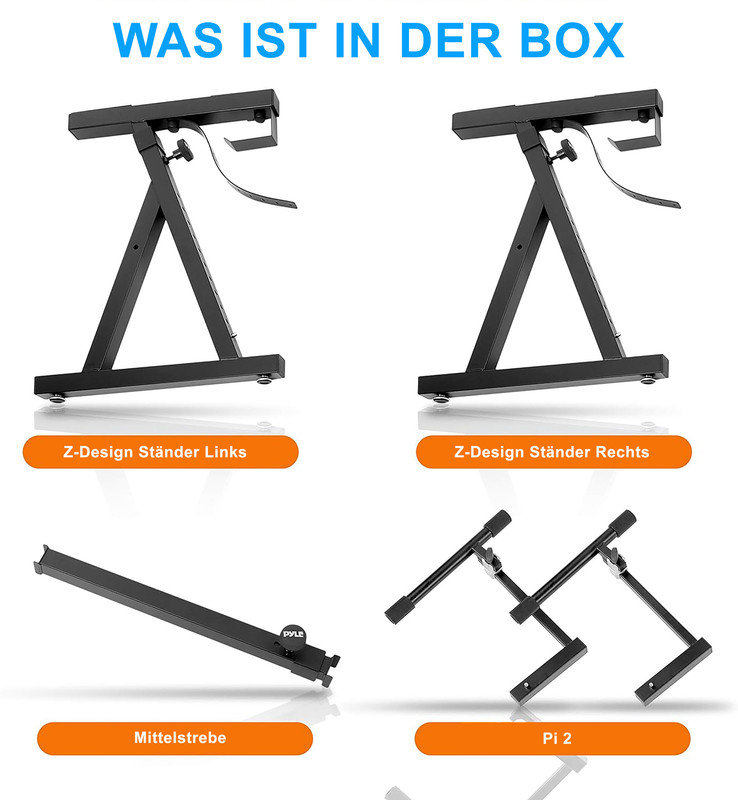 Vier schwarze Metallteile: zwei Z-Ständer, eine Mittelstrebe, ein weiteres Teil.