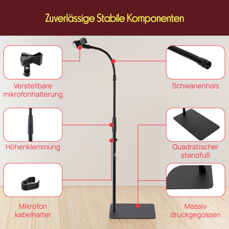 Schwarzer Mikrofonständer mit verstellbarer Halterung, Höhenklemme, Kabelclip, Schwanenhals.